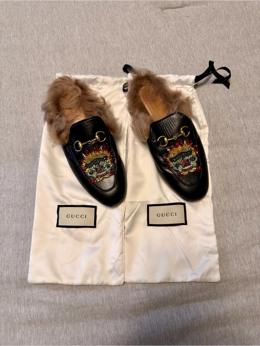 Gucci Black Leather Fur-Trim Embroidered Slip-On Loafers
